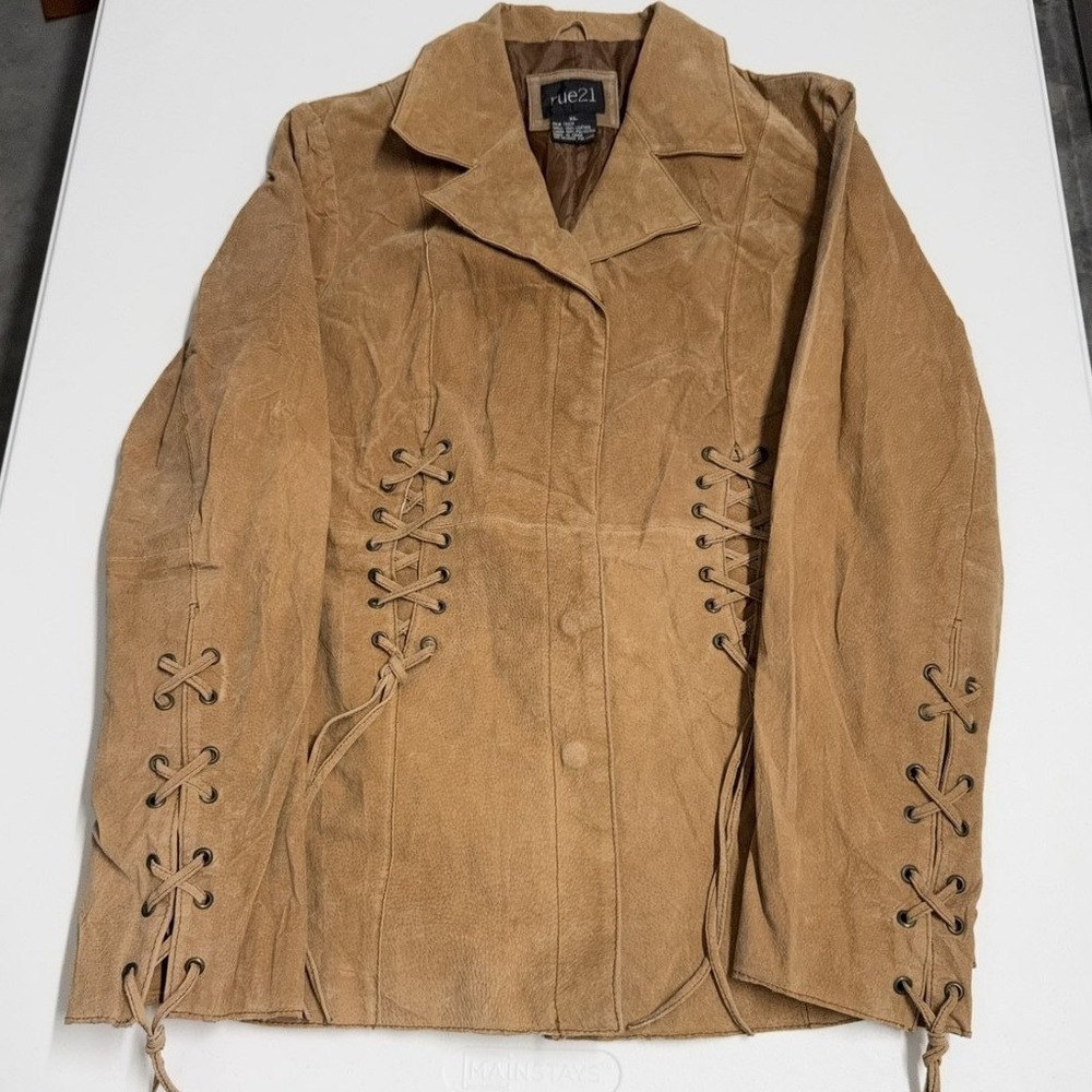 rue21 Leather Jacket Womens XL Tan Excellent Lace Up Corset Suede Western Boho